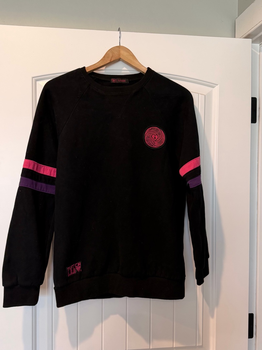 Dutch Bros Black Crewneck Sweater with Pink and Purple Stripes
